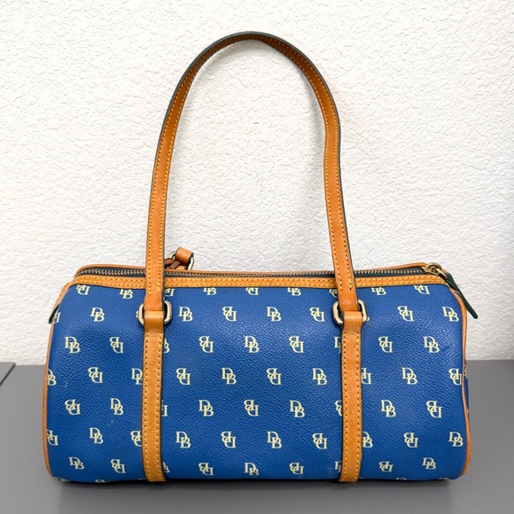 Dooney and Bourke Blue Signature Coated Canvas Barrel Bag and Tan Leather Straps - Picture 2 of 11